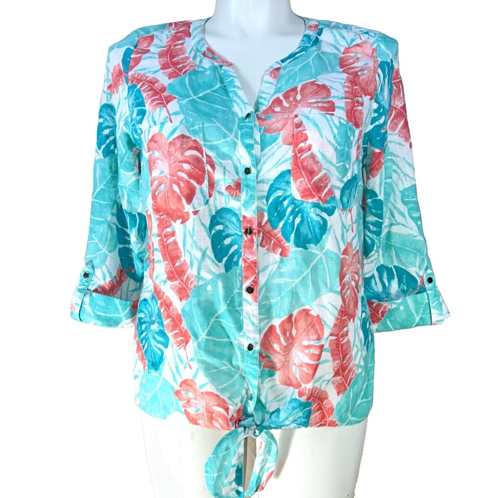 Coral Bay Top PXL Bright Pink Teal Floral Hawaiian Print Silver Button Tie Blous